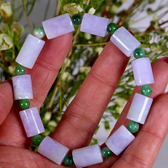 Certified Lavender&Green 100% Natural A jadeite 14*8.5mm Bead Bracelet - Picture 1 of 12